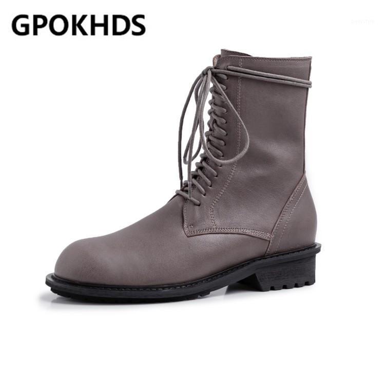 

GPOKHDS 2020 women ankle boots soft cow leather winter short plush lace up round toe high heels equestrian boots party dress1, Black