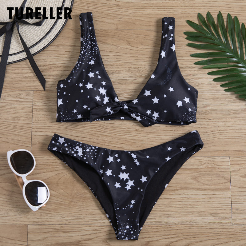 

Star Print Bikini Two Piece Swimsuit Sexy with Pads Swimwear Beachwear Female Swimsuit Summer Beach Knot Bikini Set Black Y200319, Blue