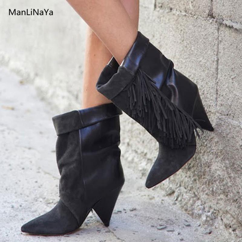 

New Spike Heels Genuine Leather Suede Women Ankle Boots Tassel Slip on Female Shoes Spring Runway Pointed Toe Fringe Women Boots, As picture