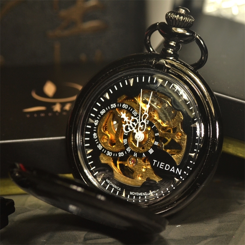

TIEDAN Retro Vintage Antique Black Sport Style Classic Chain Fashion Steampunk Skeleton Mechanical Pocket Watch Men Necklace T200502