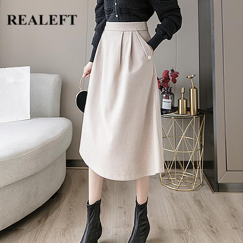 

REALEFT 2020 Autumn Winter Woolen Skirt Pockets Fashionable Office Ladies High Waist Slim Solid Color Elegant Midi Skirts Female, Beige