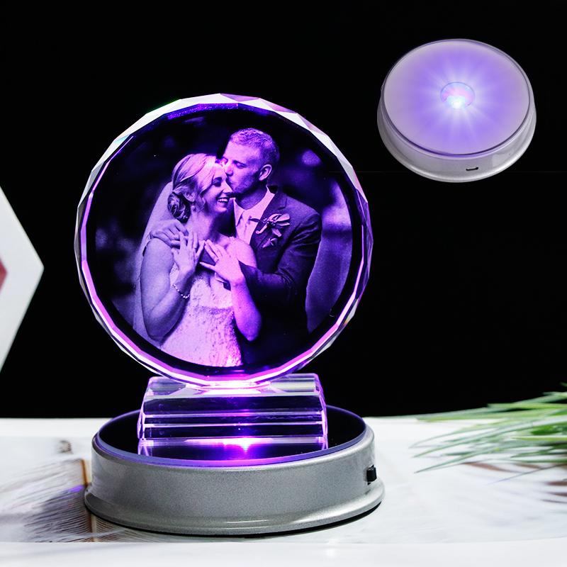 

Sales Customized Crystal Photo Frame Colorful LED Base Laser Engraved Picture Souvenir Wedding Photo Frame LED PF Glass Round