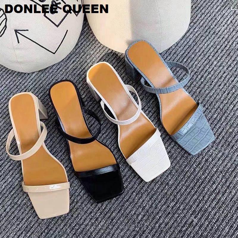 

Women High Heels Sandals 2020 Fashion Square Toe Slippers Women Slip On Slides Narrow Band Summer Shoes Outdoor Flip Flops mujer1, Black