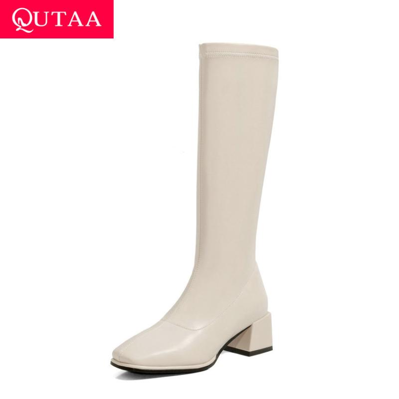 

QUTAA 2021 Knee High Women Boots PU Leather Zipper Women Shoes Square Toe All Match Long Boots Big Size 34-43, Beige