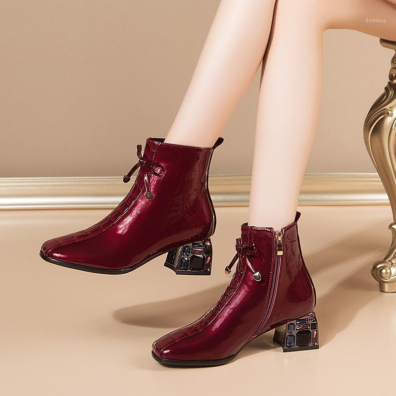 

2020 Autumn Winter Wedding Boots Fashion Women's Ankle Boots bowties Decoration square Toe high Heels Shoes Woman1, Black