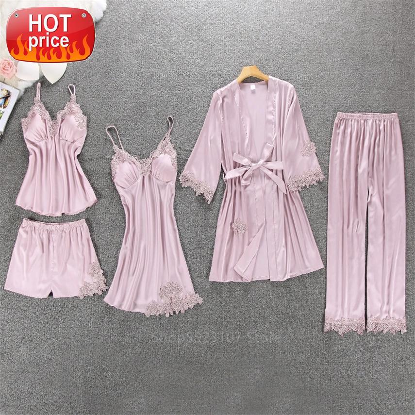 

25Style Satin Pajamas for Women Home Wear Solid Lace Silk House V-neck Cardigan Sleepwear Pijama Clothing with Chest Pads #j56W, Black;white