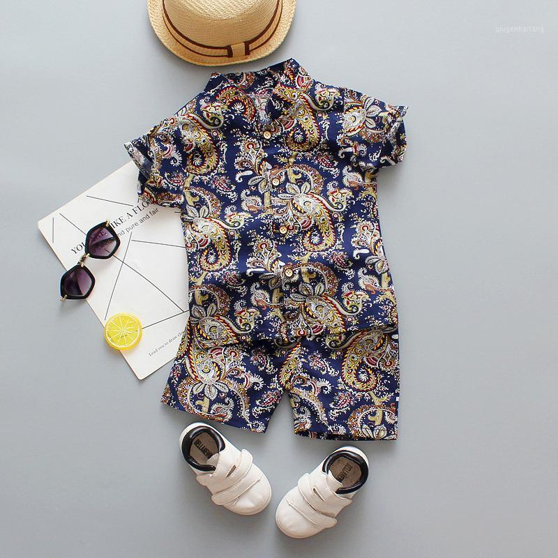 

2020 Summer New Style Cotton Korean-style Cartoon Totem Shirt Short Sleeved Shorts Suit 0-1-4-Year-Old Set1, Blue