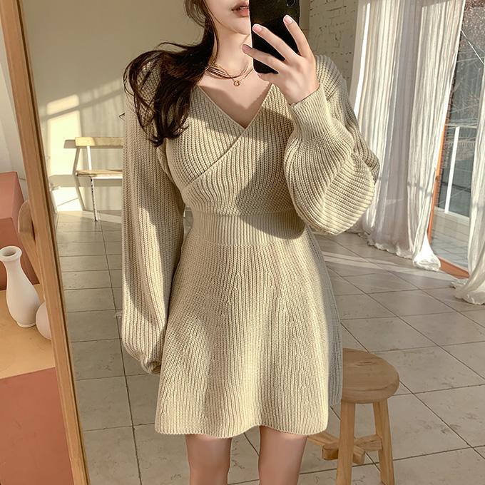 

2021 New Autumn Korean Long Sleeve V Neck Knitted Dress Women Winter High Waist Sexy Sweater Dress Woman Mini Knit Dresses Lady, Beige
