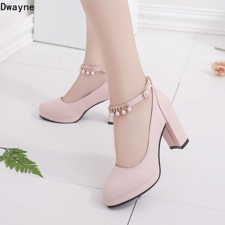 

Temperament Elegant Dress Party Single Shoe Thick with Waterproof Platform High Heels Round Head Beaded Small Fresh Womens Shoes, Pink