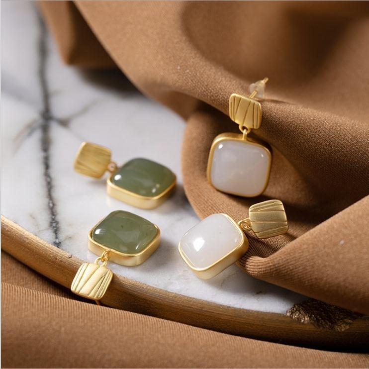 

New Silver Natural Hetian Jade Geometric Square Earring Pendant Niche Design Light Luxury Temperament Women's Brand Jewelry