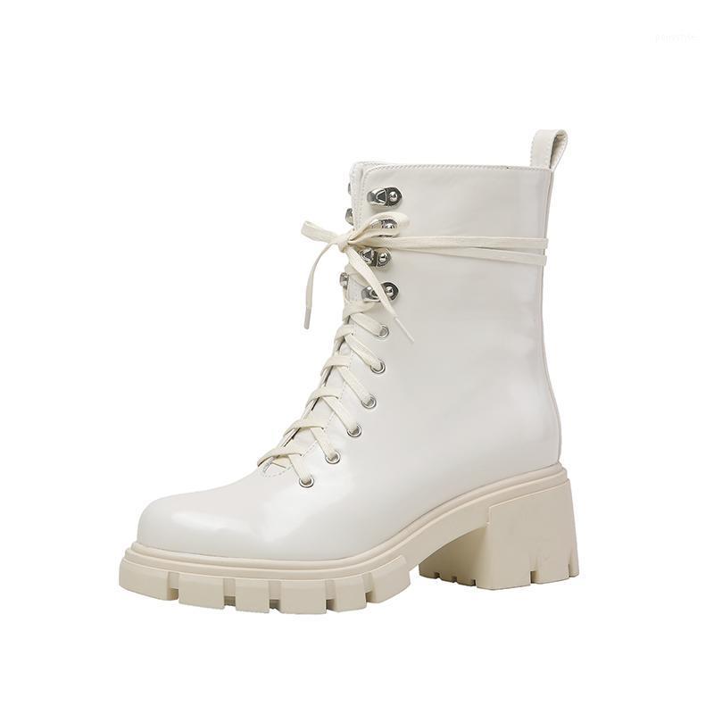 

Genuine Leather Women's Ankle Boots Platform Round Toe Thick high Heels lace up Winter Party Office Lady Shoes Woman1, Beige