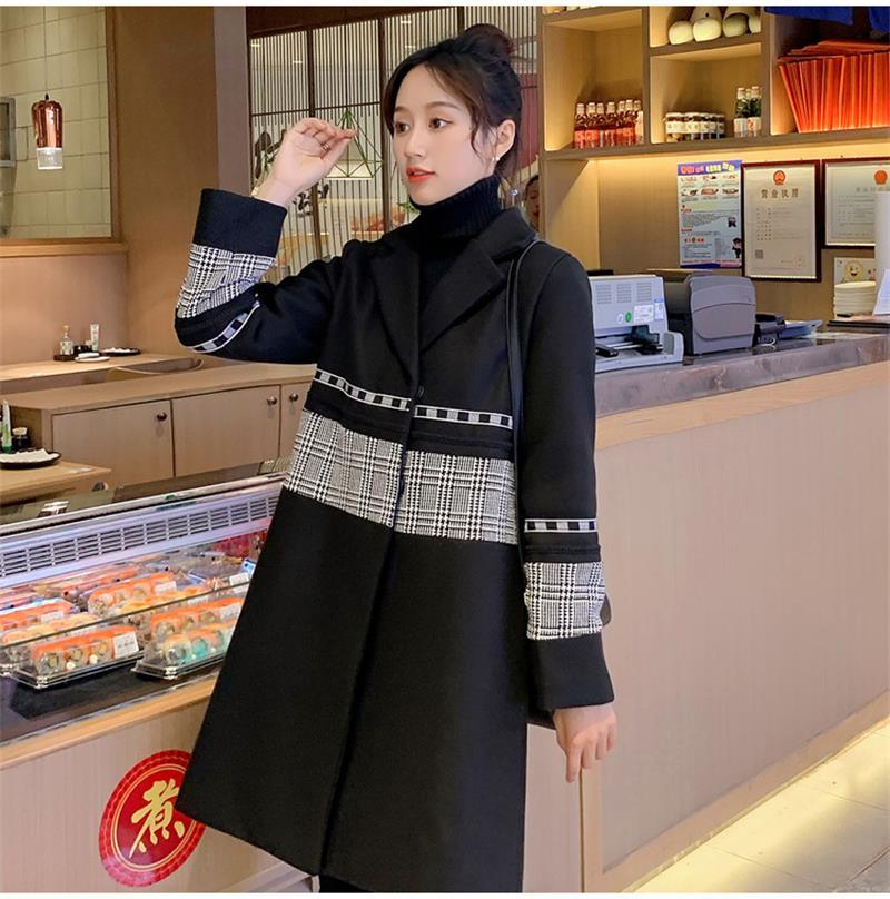 

2021 autumn and winter mid to long winter womens houndstooth single breasted diamond loose black casual warm wool coat office