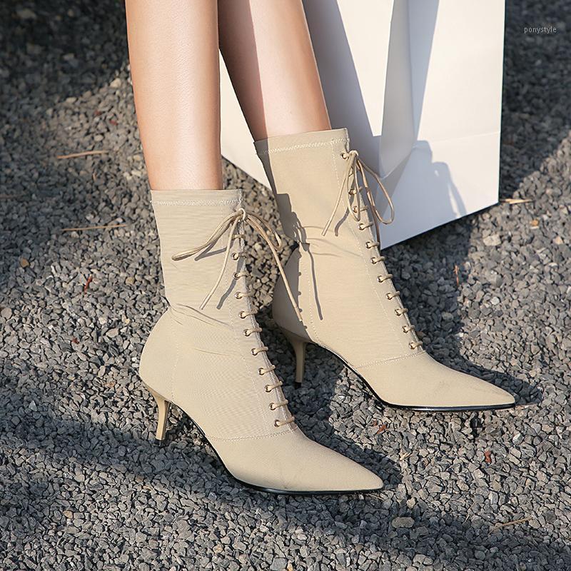 

Fashion Stretch Cloth Women Mid-boots Stiletto High Heels Lace-up High Heels Sock Boots Pointed Botas Feminina Sapato Feminino1, Black
