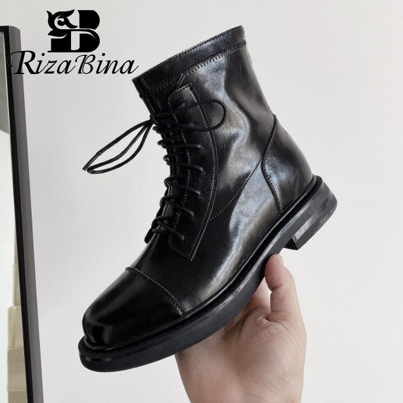 

RIZABINA Women Ankle Boots Real Leather Cross Strap Flats Winter Shoes Women Warm Zipper Short Boot Office Footwear Size 33-401, Black