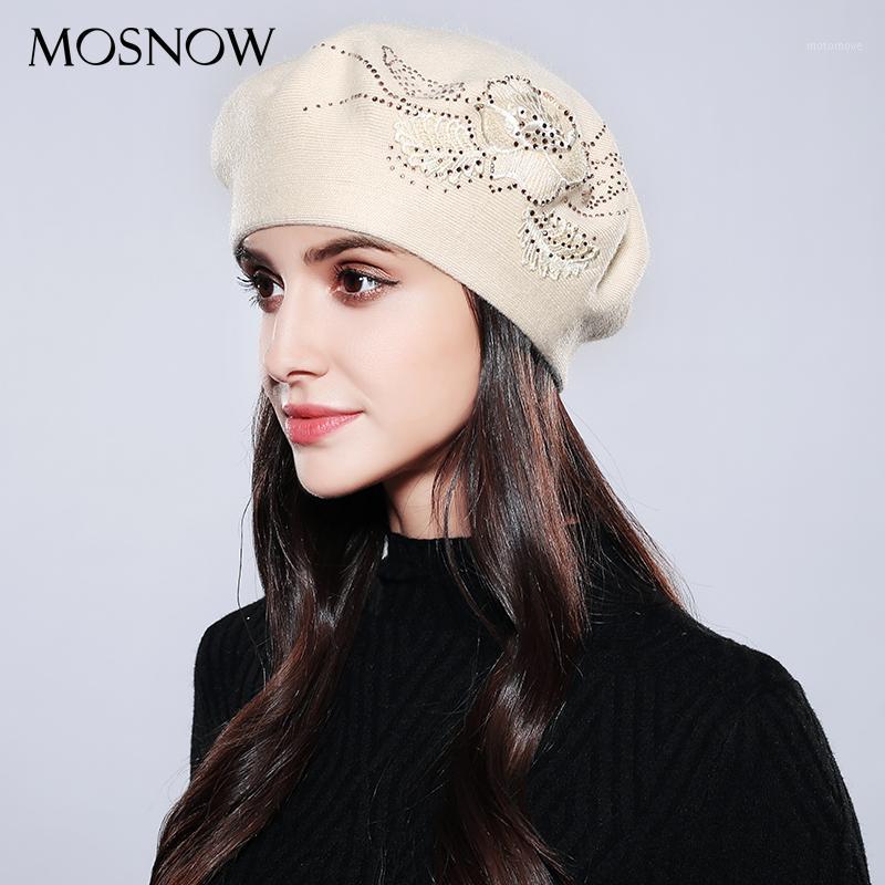 

MOSNOW Bonnet Femme Women Beret Cotton Wool Brand New Knitted Fashion Flower Autumn 2020 Winter Hats For Women Caps #MZ7411