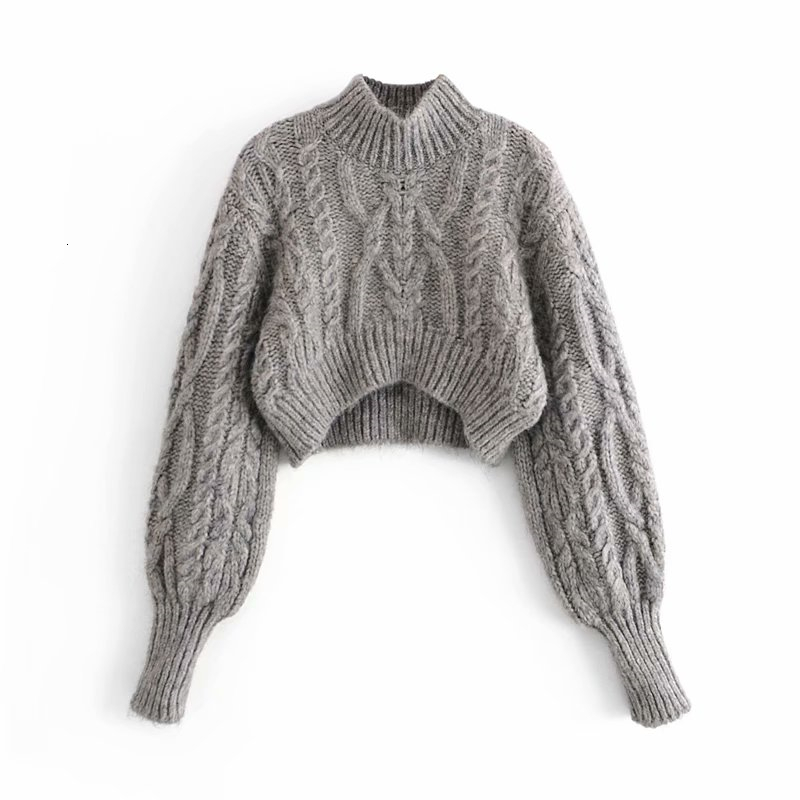 

2021 New Elegant Women Grey Twist Sweaters Fashion Ladies Turtleneck Knitted Tops Streetwear Female Chic Solid Short Pullover 9o98, Gray