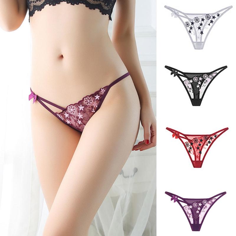 

Transparent Underwear Light Luxury Female Lace Embroidery Low Waist Japanese Thong Sexy Hollow T-shirt, Black