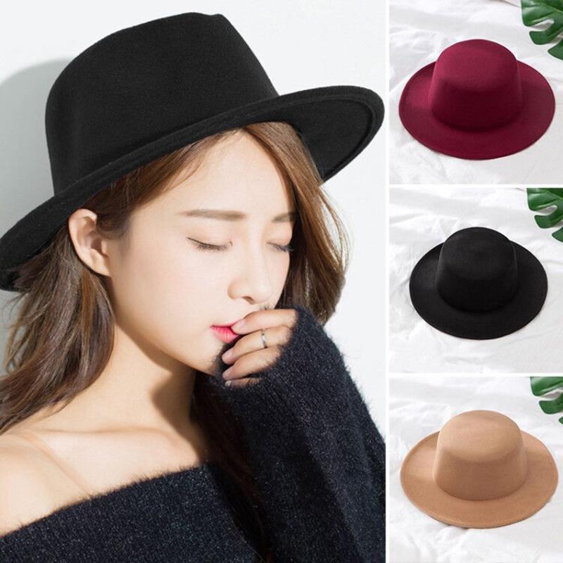 

Solid Color Imitation Woolen Hat Women Felt Fedoras Jazz Cap Female Girls Simple Wide Brim Flat Top Hats, Black