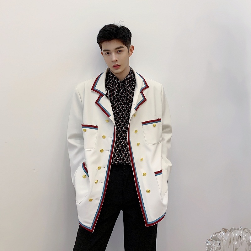 

2020 Breasted Double Man Korean Ribbon Style Preppy Blazers Vintage Jacket Streetwear Suit Stage Clothes Rc0e, Navy blue 9965.