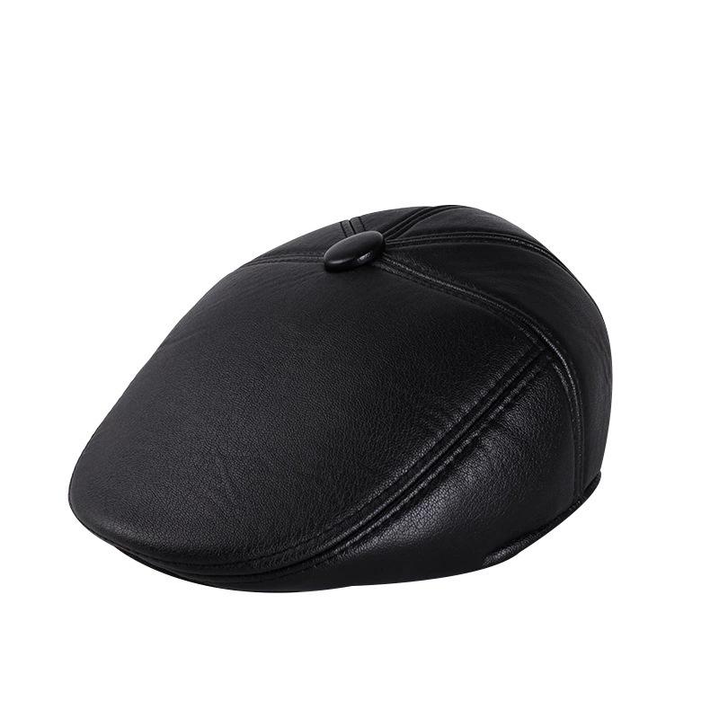 

SQTEIO PU Leather Berets Autumn Winter warm Protect the ear neck men cap beret Visor Flat Cabbie Newsboy Unisex, Black