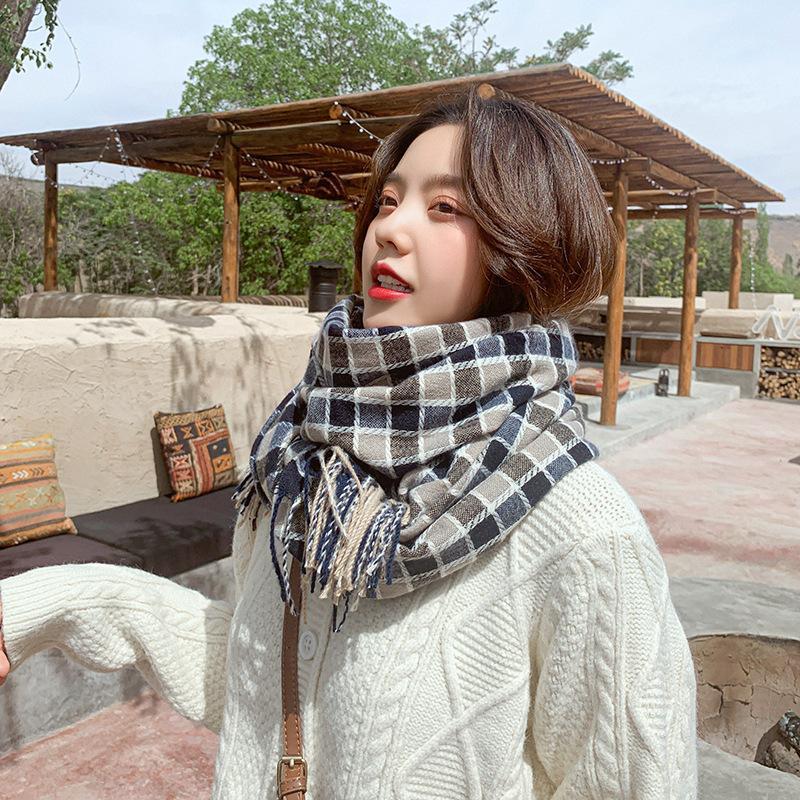 

OUOI Contrasting color small plaid scarf 2020 autumn and winter new long style warm tassel shawl scarf women winter1