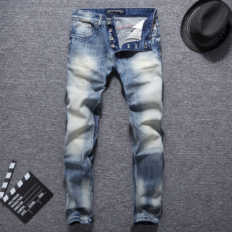 

2021 New Italian Style Fashion Light Blue Slim Fit Vintage Designer Men Denim Button Pants Streetwear Hip Hop Homme 7q3z