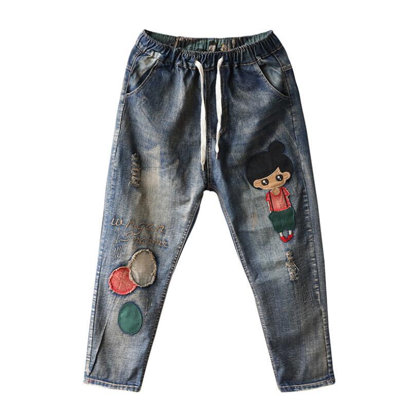 

Animated Cartoons From Vintage Embroidered Jeans Anguished Woman Remembering Denim Female Elven-waisted Pants P604 8s0w, Blue