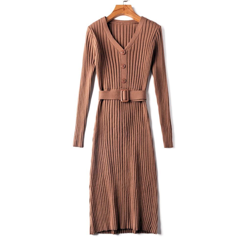 

2021 New Elegant Single Breasted Knitted Sweater Women V-neck Full Sleeve Sashes Stretch Vestidos Casual Streetwear Winter G2dq, Caramel