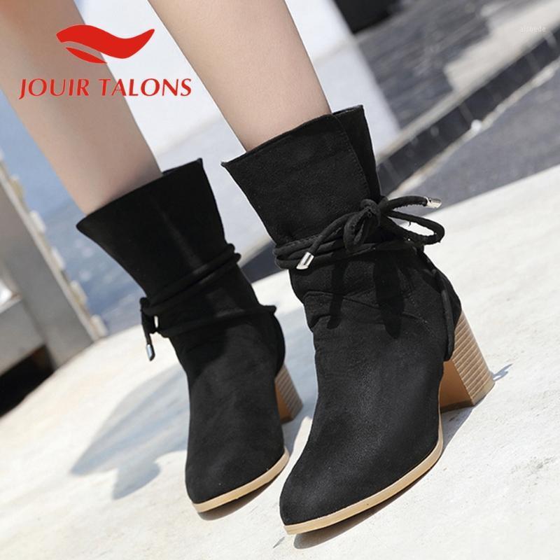 

JOUIR TALONS 2021 New Arrivals On Sale Female Shoes Vintage lace-up Square Thick Heels Flock Large Size 35-42 Women Boots1, Black