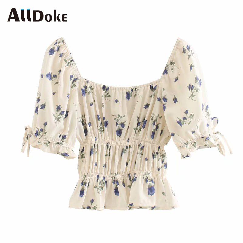 

ALLDOKE vintage floral print chiffon blouse women summer square collar short sleeve crop tops shirt casual ladies blouses blusas, Red