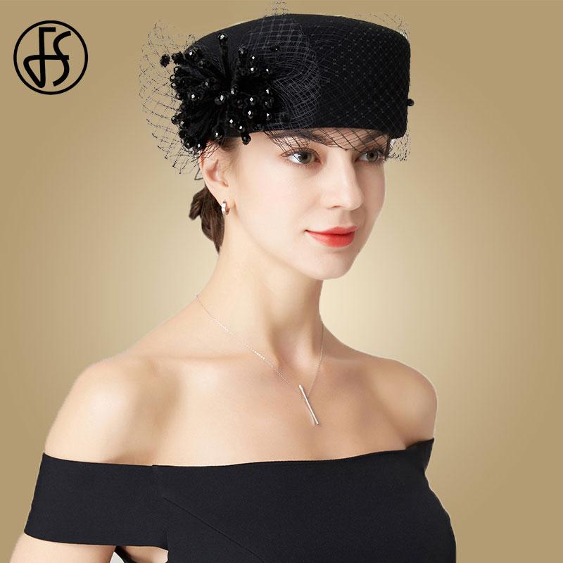 

FS 2021 Fascinator Hat Wedding Black Hats For Women With Veil Wool Felt Fedora Hats Red Party Cocktail Chapeau Femme Luxe