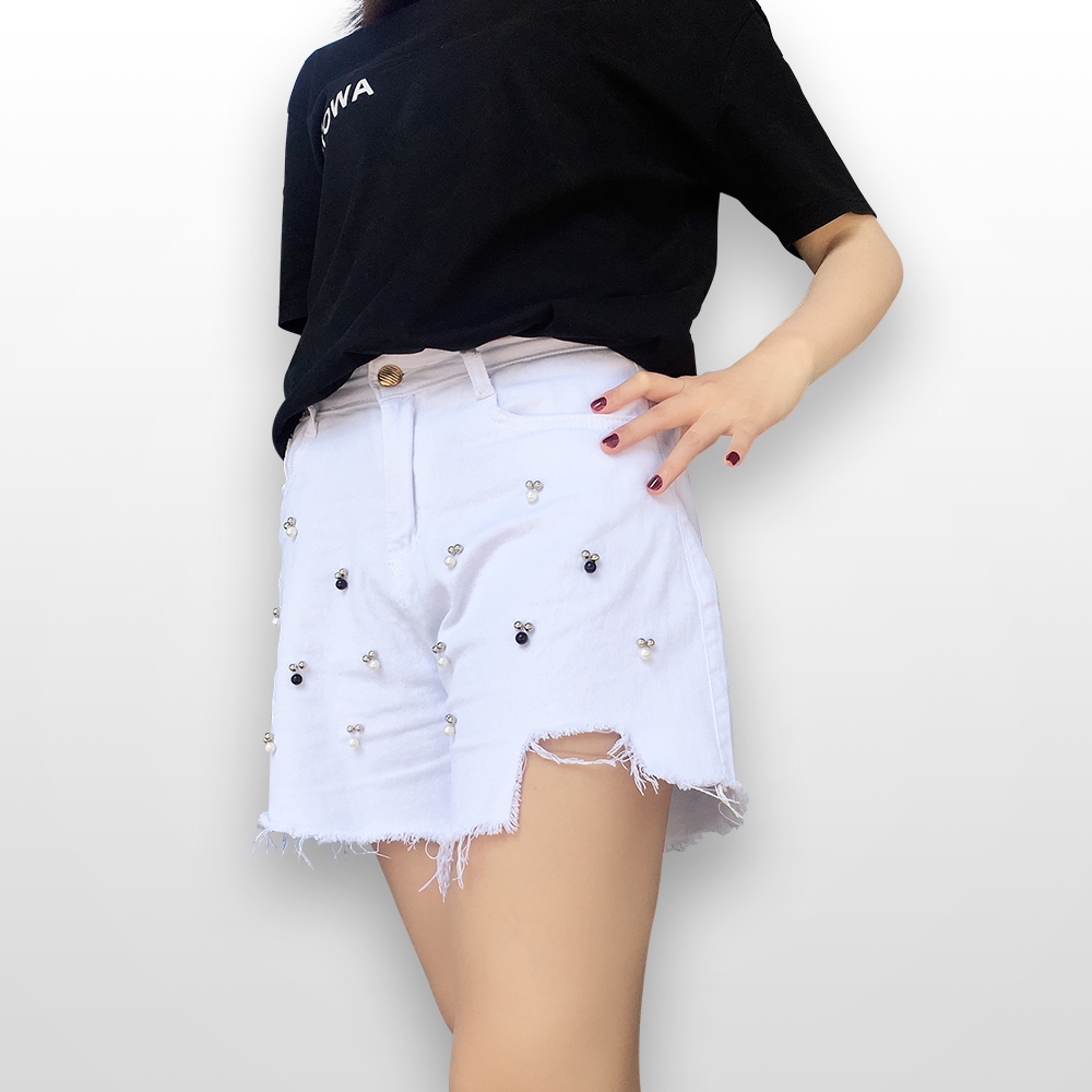 

White Cotton Denim Shorts High Waisted Jean Short For Women Clothes 2019 Ladies Tassel Rivet Ripped Worn Loose Burr Hole Jeans T200701, F0101