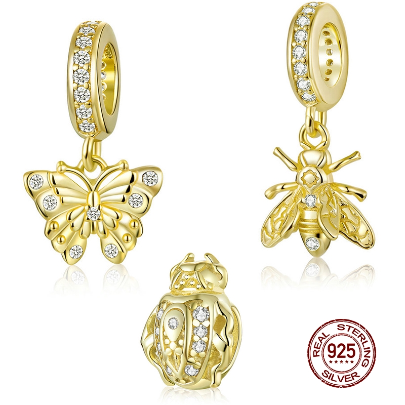 

MOWIMO Golden Color Bee Charms 925 Sterling Silver Scarab Butterfly Animal Pendant Beads for Bracelet NBKklaces DIY Jewelry