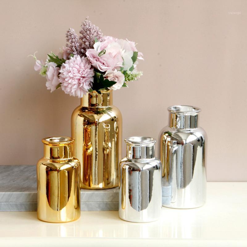 

Simple European-style golden silverceramic vase flower holder Desktop Nordic style home decorations vases1