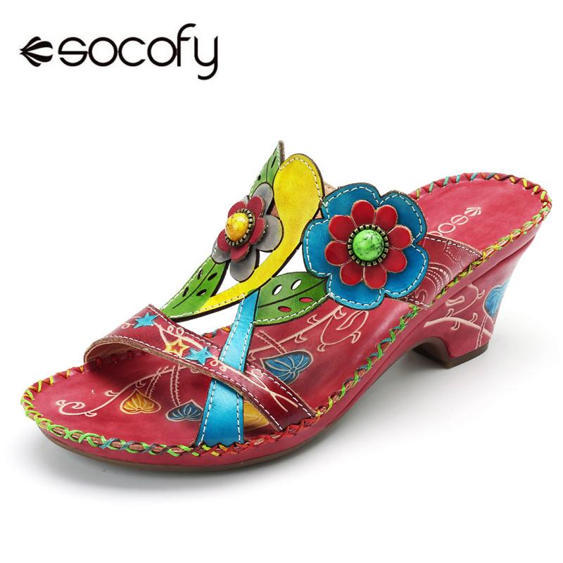 

Socofy Bohemian Genuine Leather Sandals Women Shoes Vintage Handmade Flower Slip On Wedge Heels Beach Sandals Slides Shoes New, Red