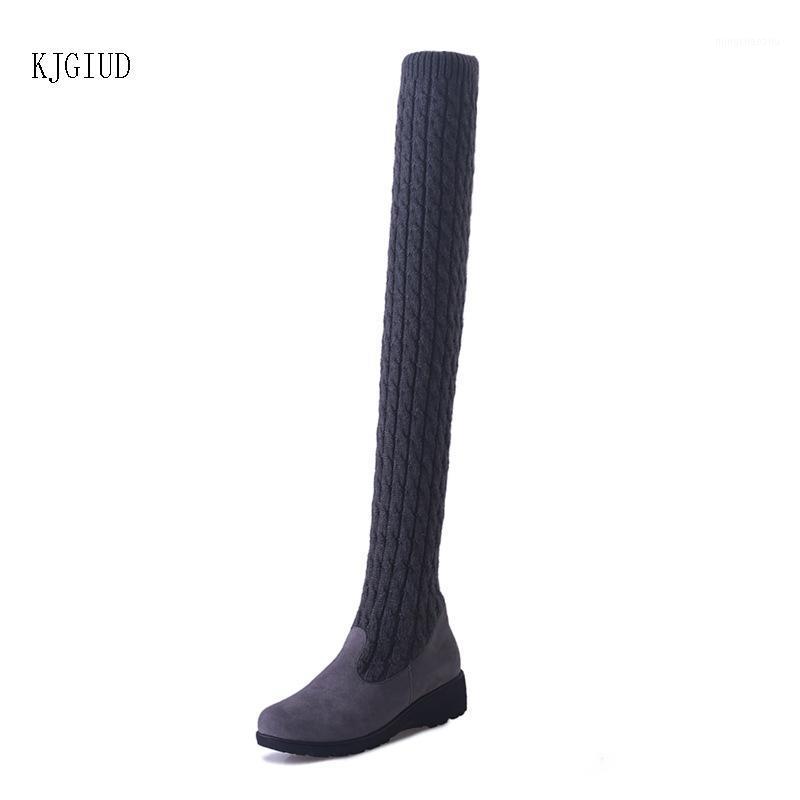 

2020 Autumn And Winter New Fashion Women's Boots Knitted Wool High Tube Flat Bottom Over The Knee Boots Elastic More Wear1, Black