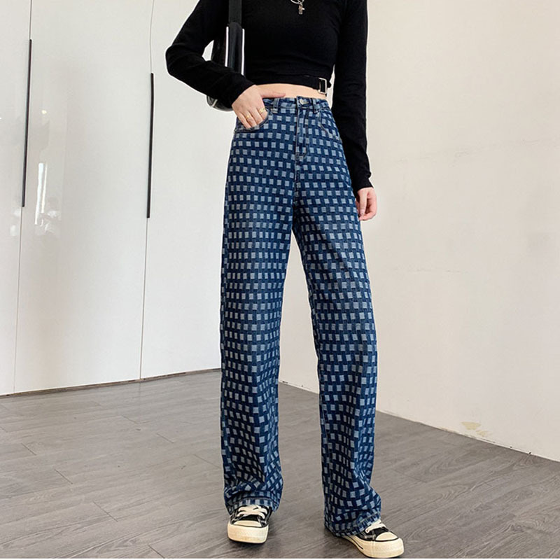

2021 New Denim Female Long-legged Spring New Trellis High Waist S- Plus Dark Blue Fashion Female22 Pants X37j