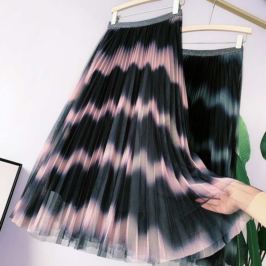 

New 2021 Women Summer Boho A-line Mesh Stretch High Waist Long Pleated Skirt Femme Elegant Jupe Saia 8vcd, Green
