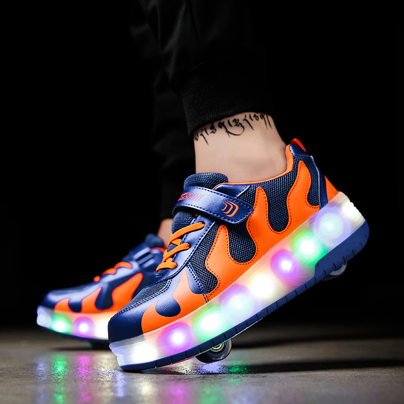 

Roller 2019 Children Wheels Glowing Sneakers Kids with Two Skate Led Light Up Shoes for Boys Girls, Camel