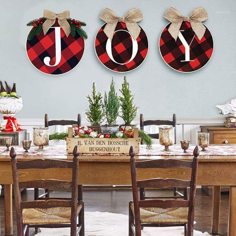 

High Quality Christmas Wreath Festival Ornament Family Gifts Reusable Burlap Bow Plaid Joy Wooden Round Hoop1, Red