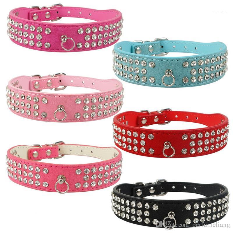 

6 Colors Mixed) Brand New suede Leather Dog Collars 3 Rows Rhinestone Dog collar diamond Cute Pet Collars 100% Quality 4 Sizes1