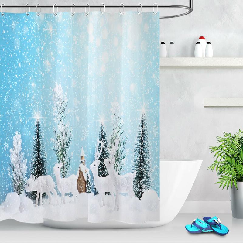 

Winter Forest Snowflake Deer Fabric Shower Curtain Set Bathroom Decor Hooks