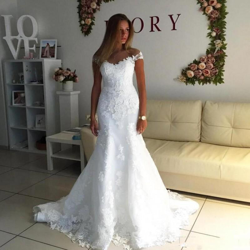 

Gorgeous Off Shoulder Lace Mermaid Wedding Dresses with Appliques Short Sleeves Sweep Train Lace Up Back Wedding Bridal Gowns, White