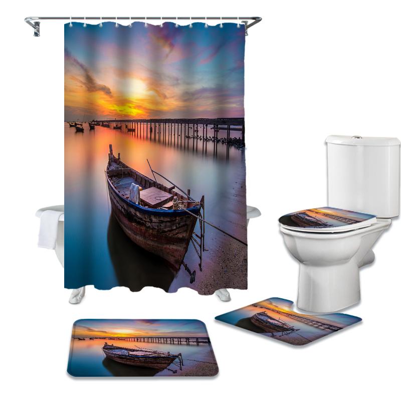 

Aurora Sunset Landscape Beach Boat Shower Curtains Bathroom Curtain Bath Sets Toilet Cover Mat Non-Slip Washroom Rug Set