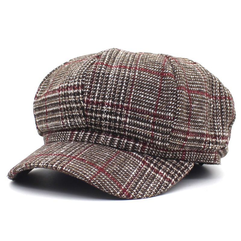 

New Women Wool Cotton Blend Berets Spring Autumn Octagonal Beret Caps Stylish Artist Painter Newsboy Hats Plaid Grey Beret Hats, Red