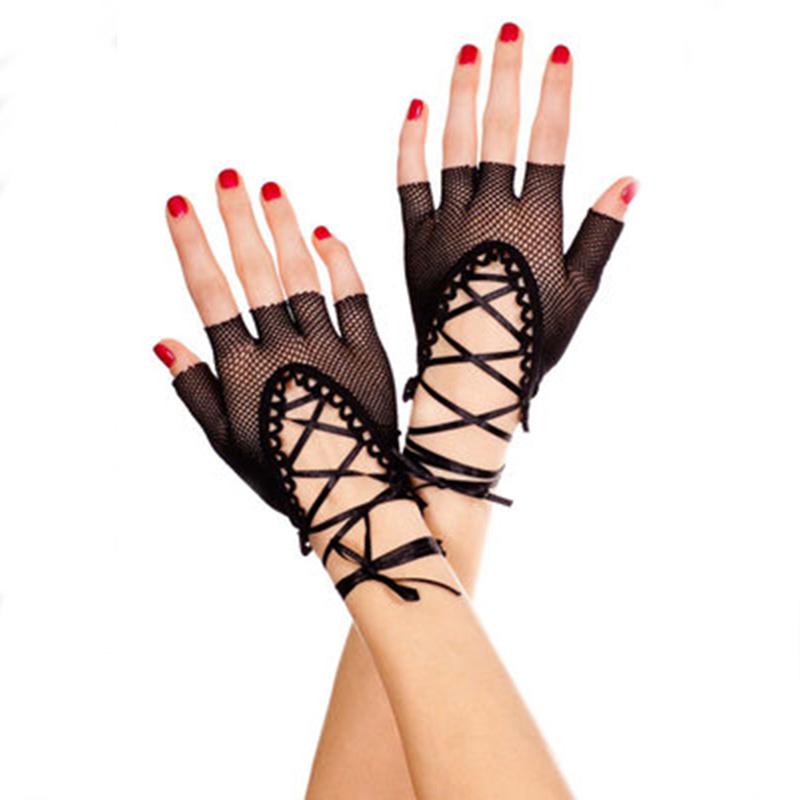 

Female Sexy Mesh Hollow Ribbon Elastic Short Punk Fingerless Performance Glove Unisex Nightclub Halloween Half Finger Mitten K64