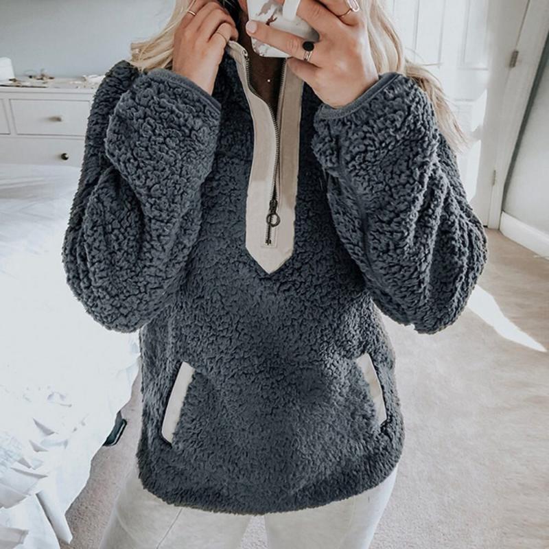 

Female Hoodies Warm Turtleneck Thick Sherpa Tops New Women Fleece Sweatshirt Winter Casual Faux Fur Zipper Collar, Black