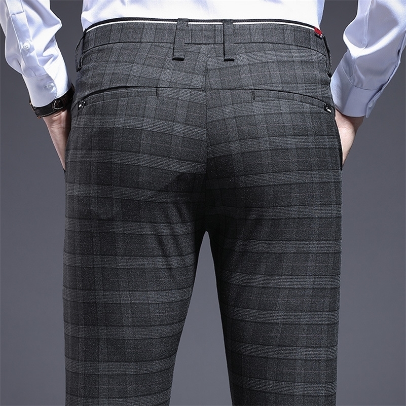 

ICPANS Skinny Plaid Men Dress Pants Pencil Business Office Formal Trousers For Male Stretch Suit Pants Men Slim Summer 201106, Beige