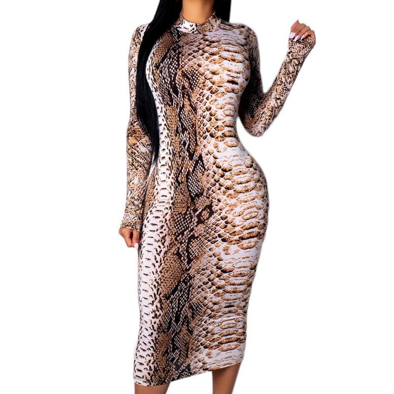 

Fashion Sexy Snake skin Dress Women Snake-effect Print Long/Short Sleeve Bodycon Midi Party Dress, Yellow