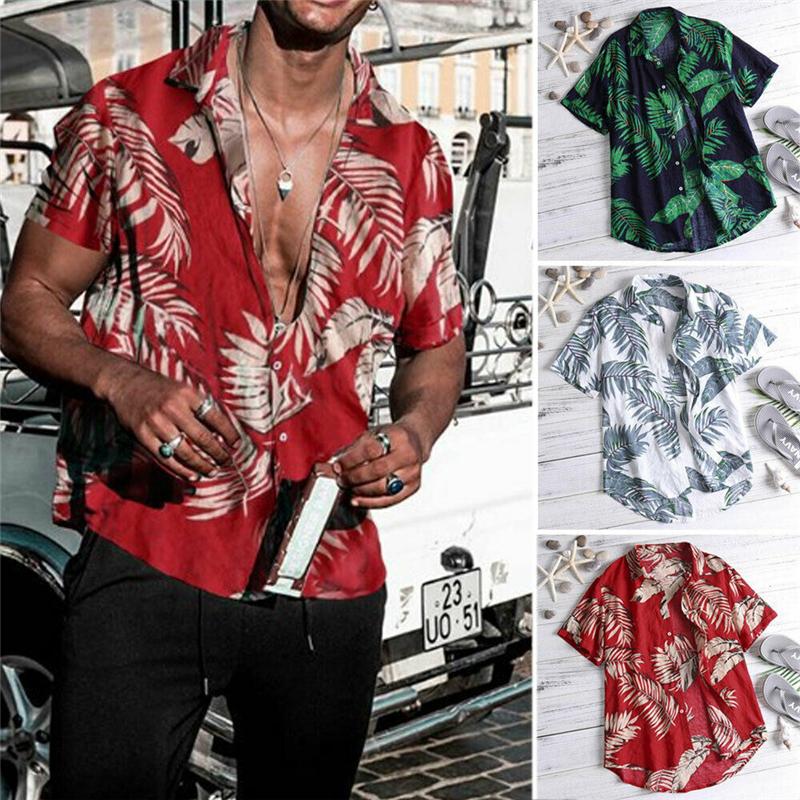 

Summer New Men Vintage Hawaiian Shirts Leaf Print Beach Wear Shirts Men Casual Sexy Slim Fit Top Camisa Masculina